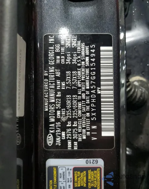 2016 Kia Sorento Ex z USA, uszkodzony, nr VIN 5XYPHDA57GG154945